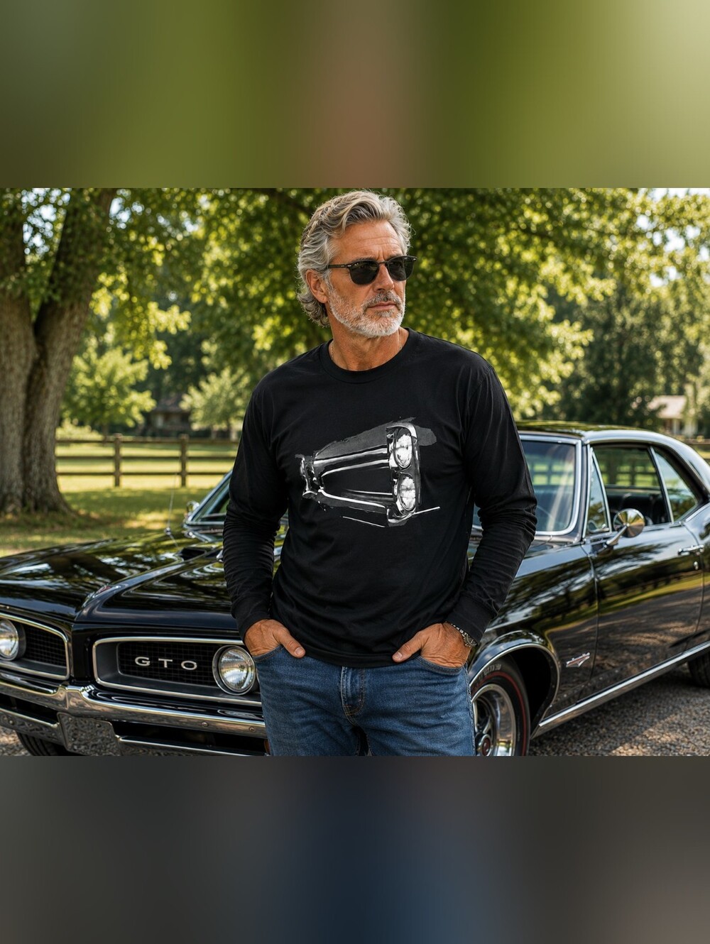 Pontiac GTO Front End Graphic Long Sleeve T-Shirt Men's XL Black Muscle Car Tee